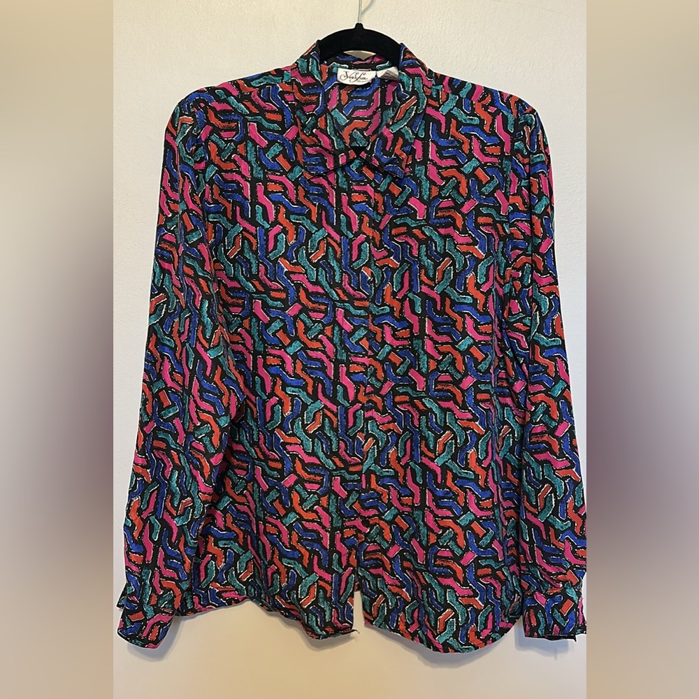 Retro Geometric Long Sleeve Button Up, 100% Silk